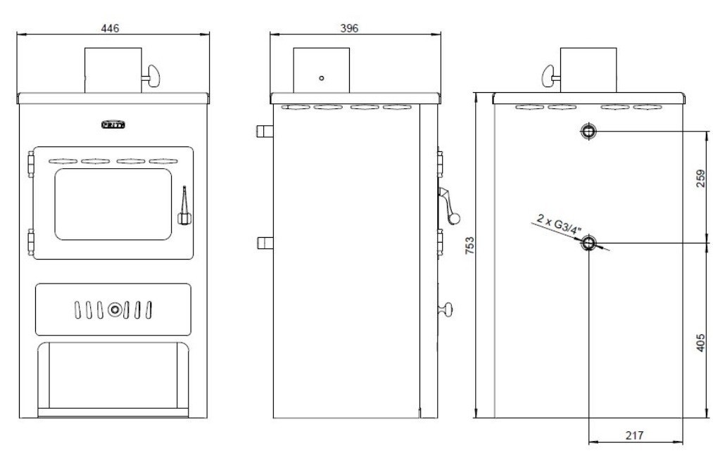 PRITY K1 W8 krbová kamna 13,7kW, s výměníkem, černá PRITY K1 W8 Technický nákres