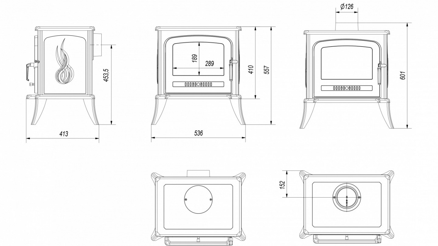 KRATKI KOZA K7 krbová kamna 5kW, černá KOZA/K7 Technický nákres