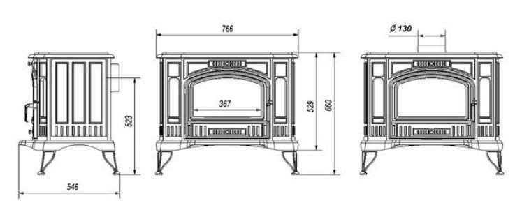 KRATKI KOZA K9 krbová kamna 10kW, černá KOZA/K9/130 Technický nákres