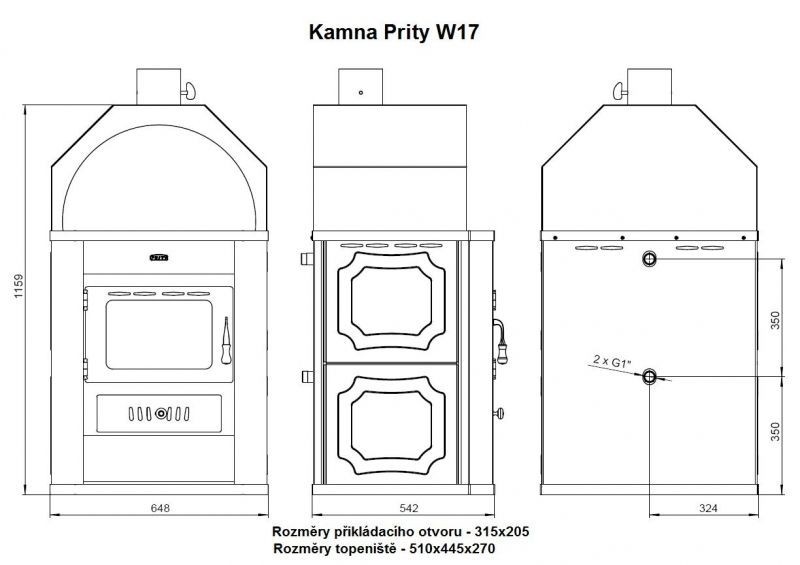 PRITY W17 krbová kamna 23,1kW, s výměníkem, černá/béžová PRITY W17 Technický nákres