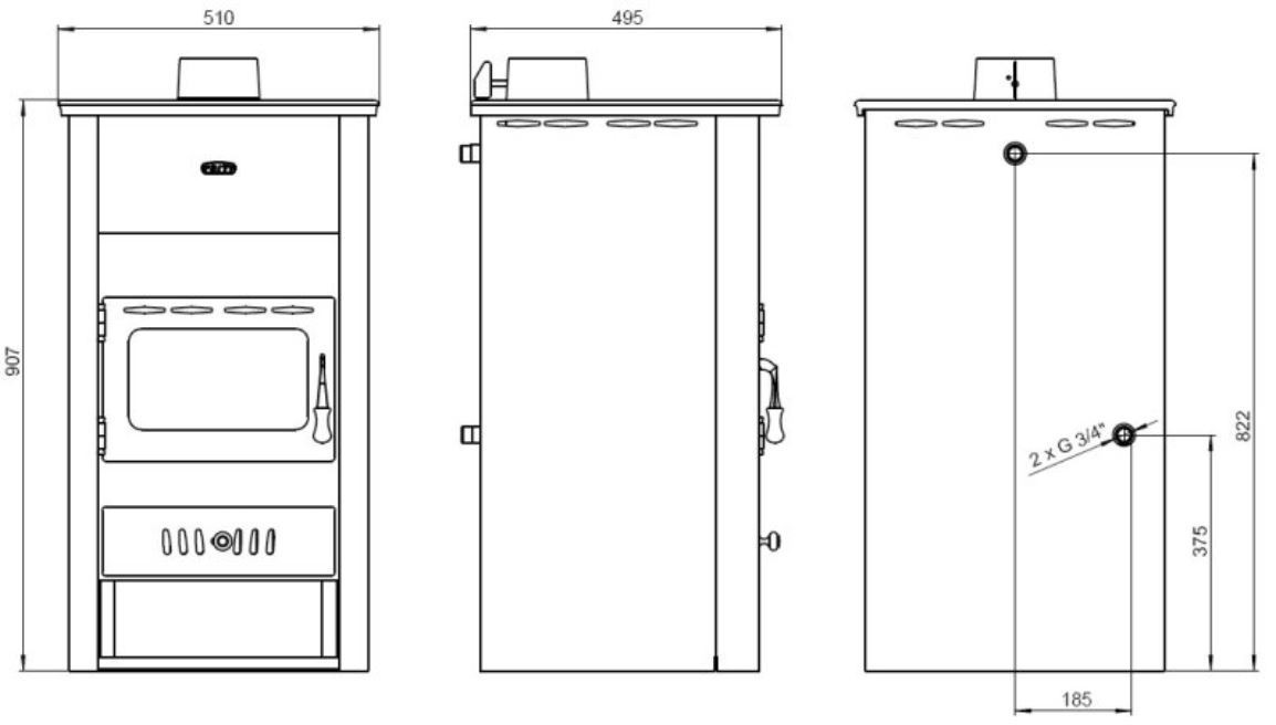 PRITY K2 CP W13 krbová kamna 15kW, s výměníkem, černá PRITY K2 CP W13 Technický nákres
