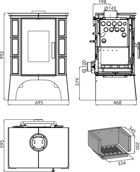 HAAS+SOHN EMPOLI AL II kachlová kamna 4-12,5kW, s výměníkem a vychlazovací smyčkou, černá/bordeaux 0332315520000 Technický nákres