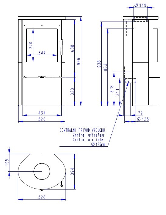 ROMOTOP ALPERA E01 krbová kamna 2,0-6,5kW, slonová kost ALPERA E 01 92360 Technický nákres