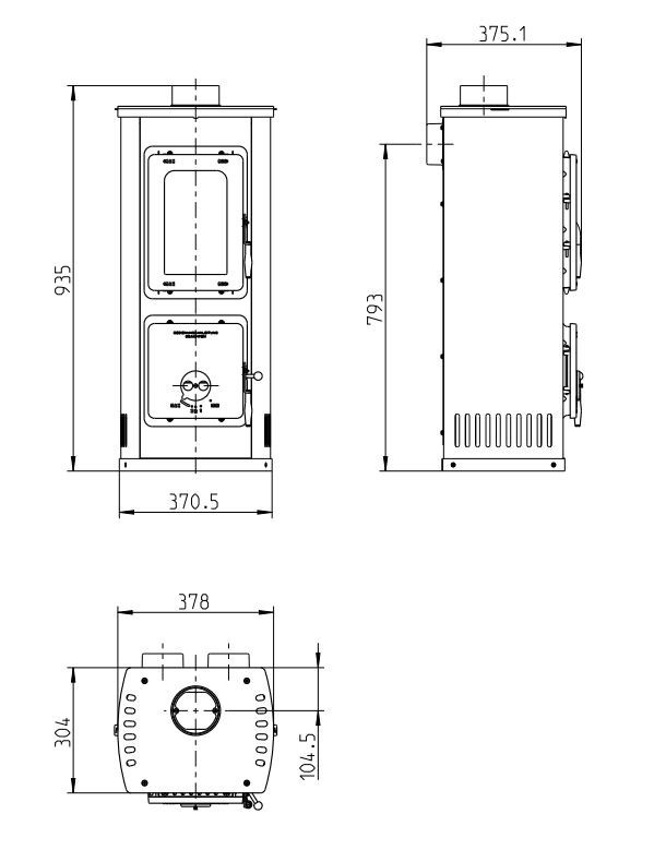 THORMA VERONA B TOP krbová kamna 5kW, černá F1451650617 Technický nákres