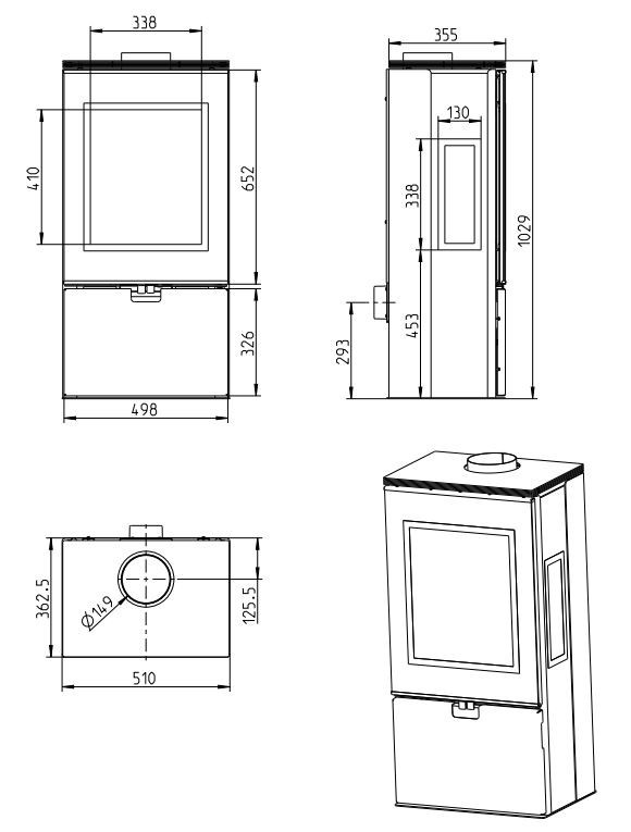 THORMA WIESBADEN kamna krbová 8 kW, černá F9480530611 Technický nákres