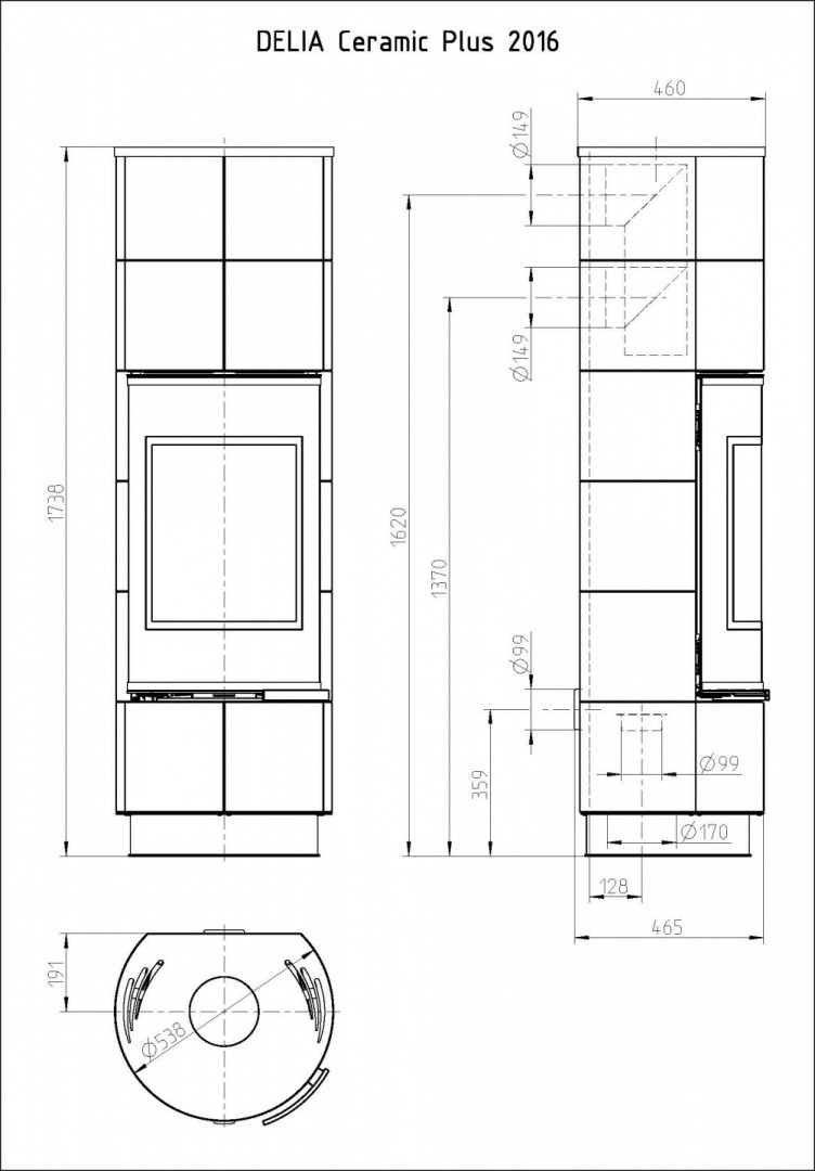 THORMA DELIA PLUS KERAMIK krbová kamna 7,5 kW, akumulační, černá/bílá F9489612011 Technický nákres