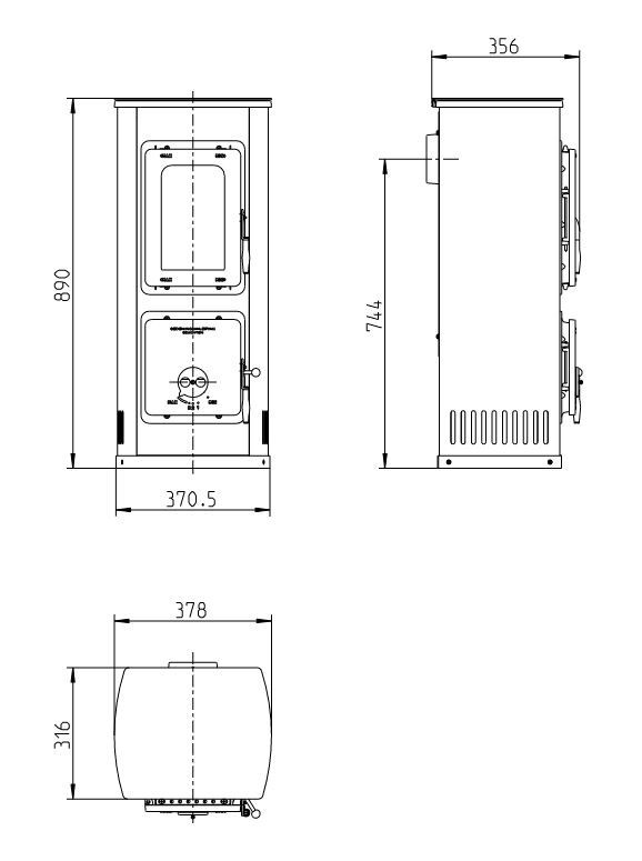 THORMA MILANO II AT krbová kamna 2,5-7,5kW, s termovíkem, černá F1452240611 Technický nákres