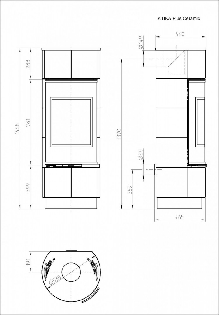THORMA ATIKA PLUS KERAMIK krbová kamna 7,5 kW, akumulační, matná černá F9489324310 Technický nákres