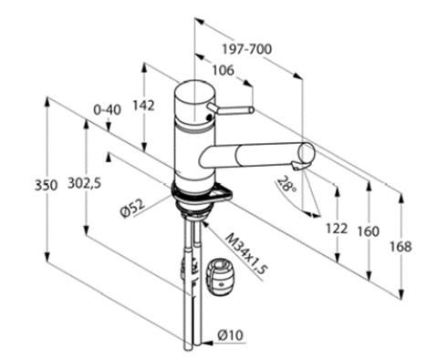 KLUDI D-TAIL dřezová baterie, s vytahovací koncovkou, chrom 339310590 Technický nákres