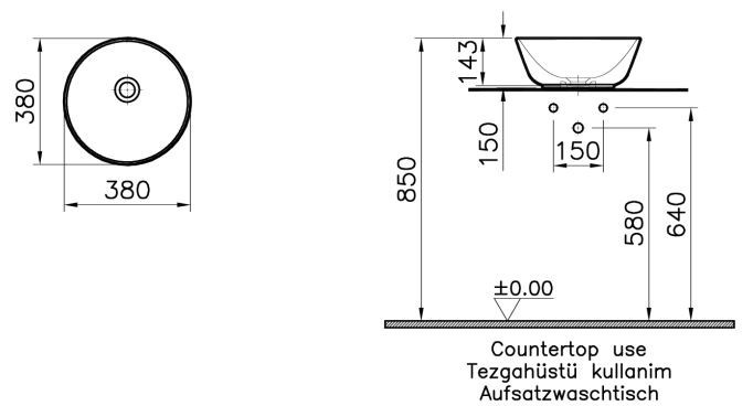 VITRA GEO umyvadlová mísa 38 cm, bez přepadu, VitrAhygiene 7421B003-0016 Technický nákres