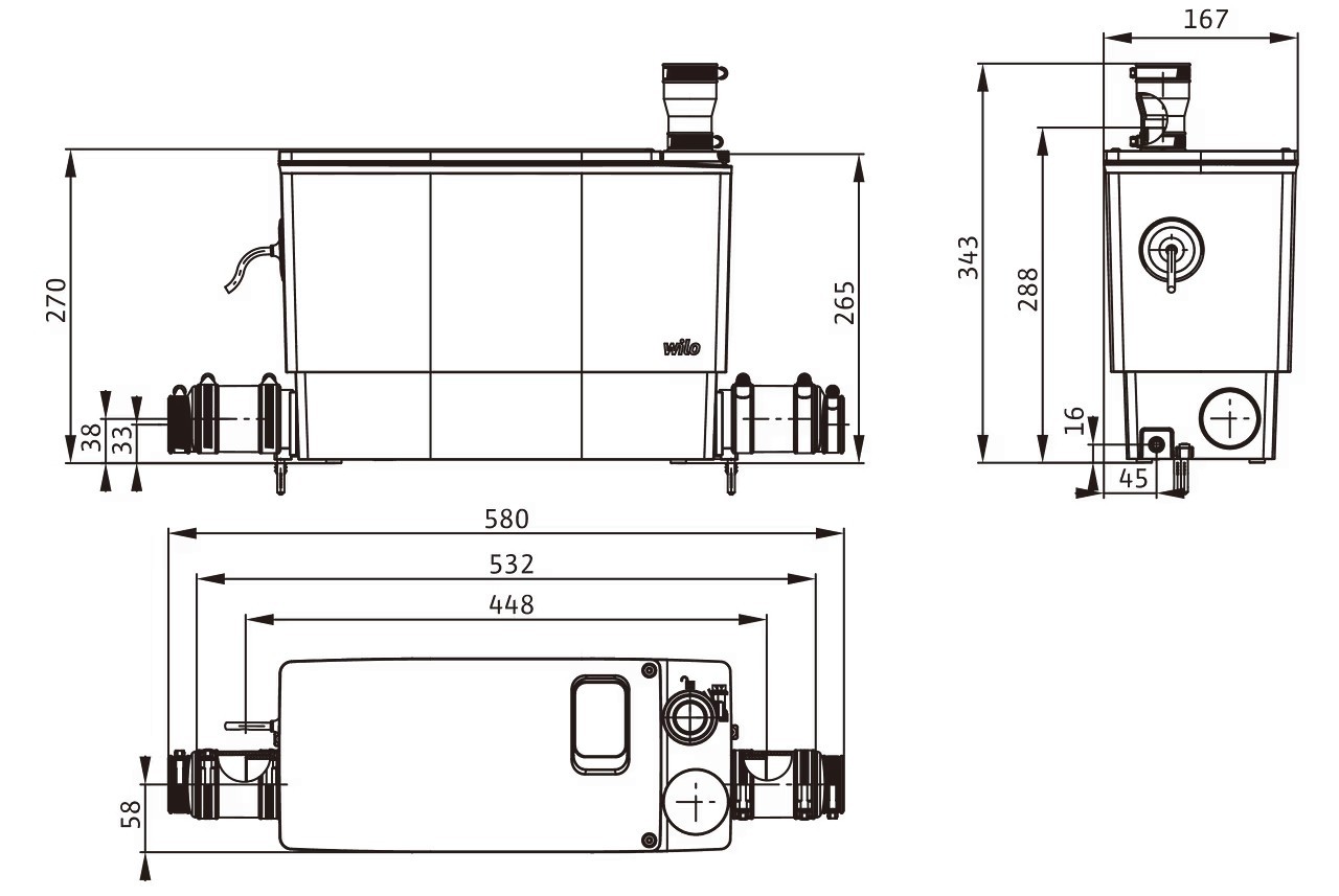 WILO DRAINLIFT MINI3-XS-EF přečerpávací stanice, Hmax 8,2 m 6095127 Technický nákres