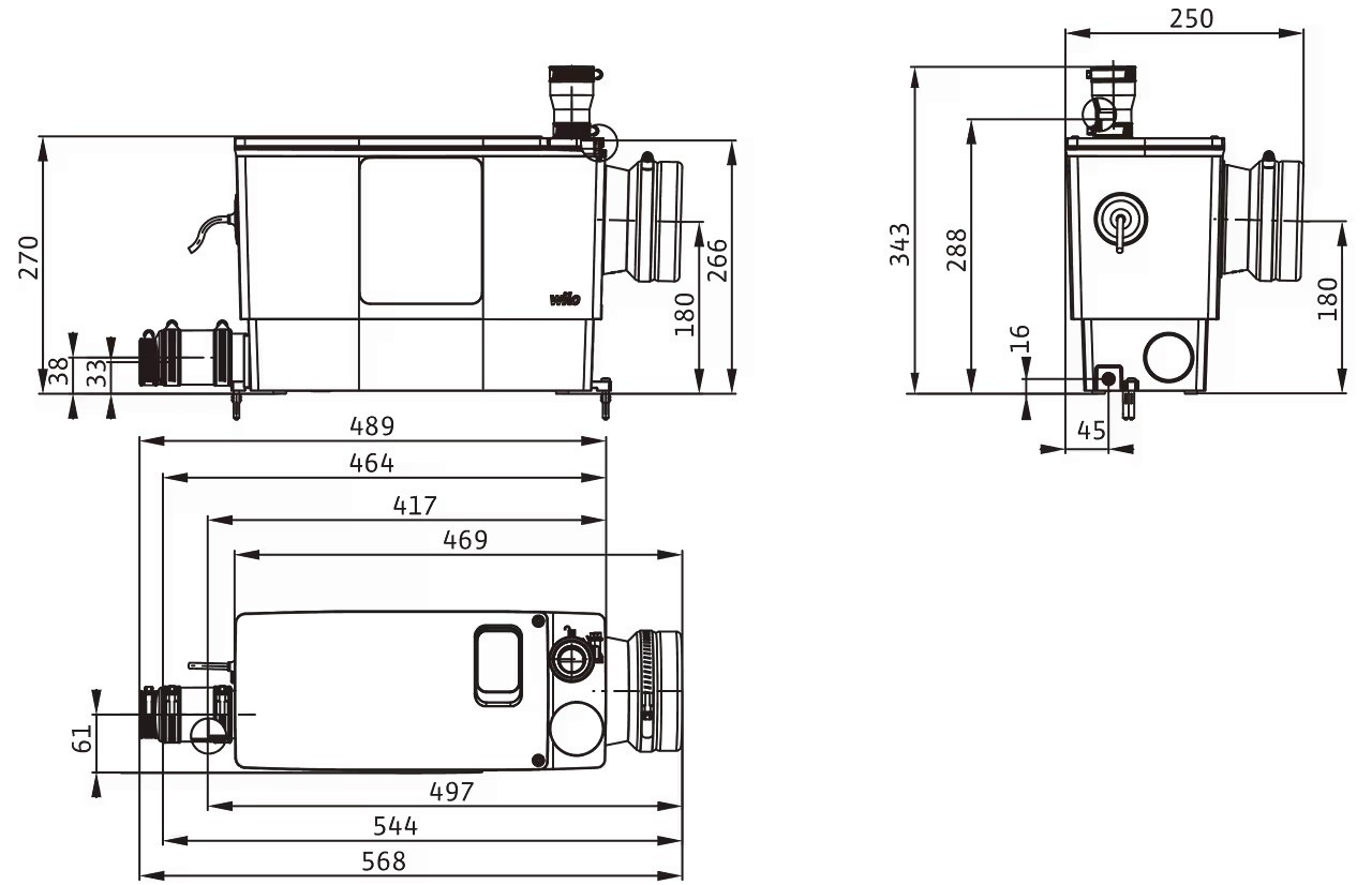 WILO DRAINLIFT MINI3-XS/WC-EF přečerpávací stanice, Hmax 9 m 6095128 Technický nákres