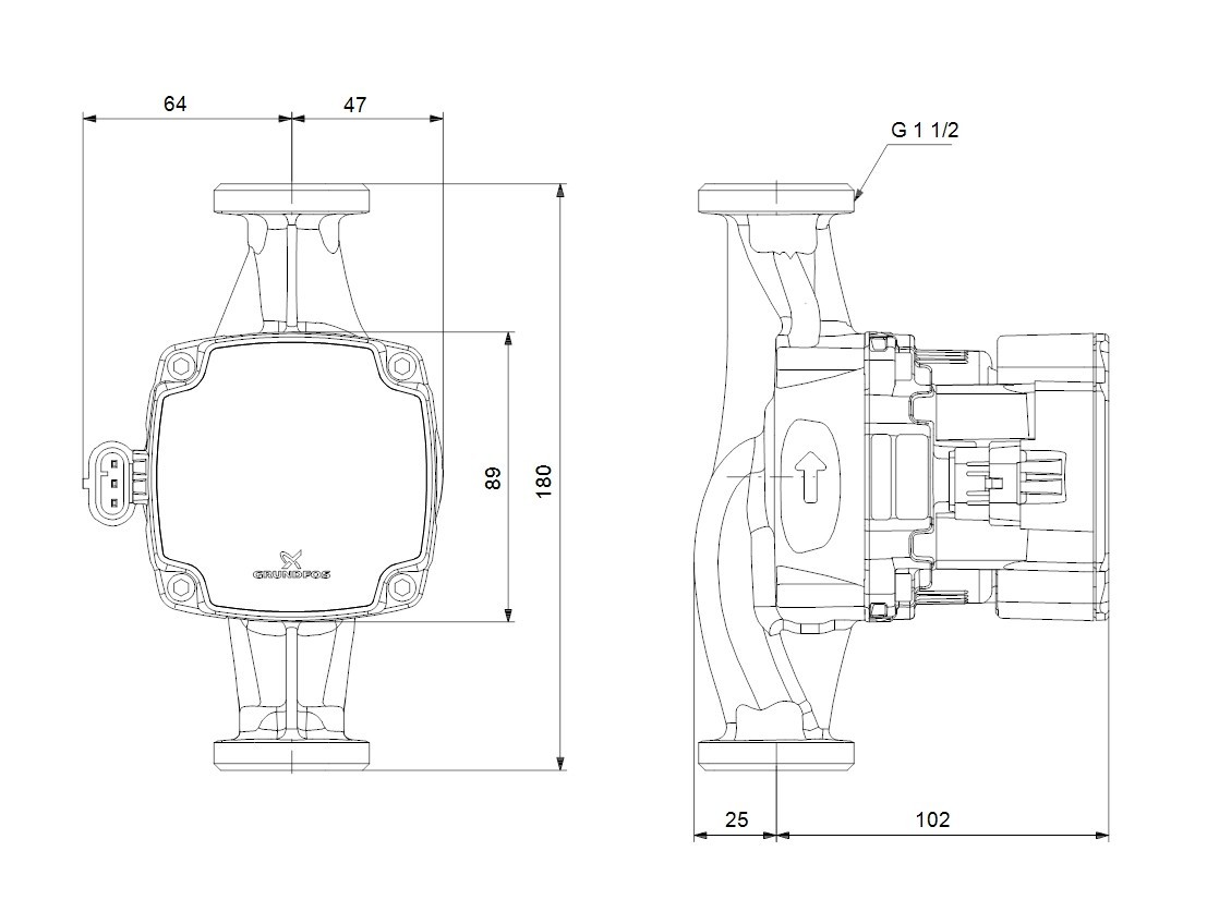 GRUNDFOS ALPHA1 GO 25-80 oběhové čerpadlo 4,2 m3/h, 180 mm 93074179 Technický nákres