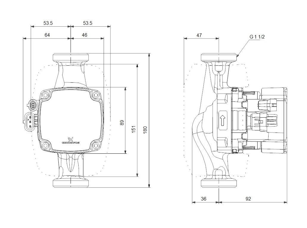 GRUNDFOS ALPHA2 GO 25-40 oběhové čerpadlo 2,7 m3/h, 180 mm 93074225 Technický nákres