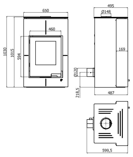 HS FLAMINGO AQUAFLAM VARIO SAPORO krbová kamna 11/7kW, s výměníkem, manuální regulace, šedá HSF34-107 Technický nákres