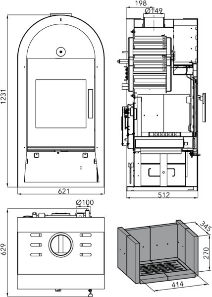 HAAS+SOHN NIVALA krbová kamna 5-15,3kW, s výměníkem, antracit/šedá 0432337010000 Technický nákres