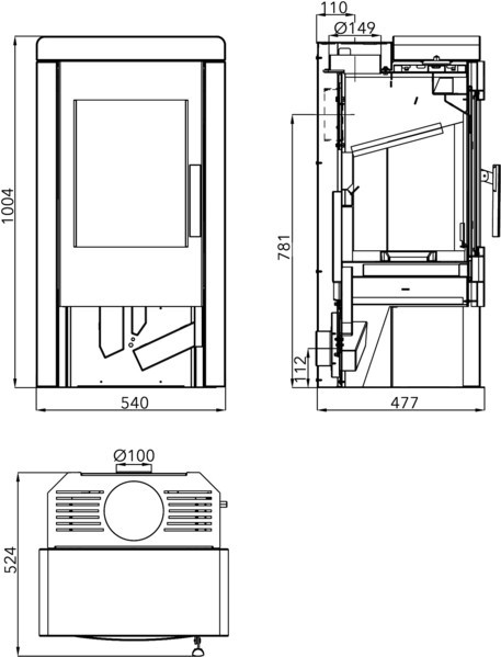 HAAS+SOHN PINEROLO krbová kamna 3-6,4kW, černá/woodstone prestige 0429415600000 Technický nákres
