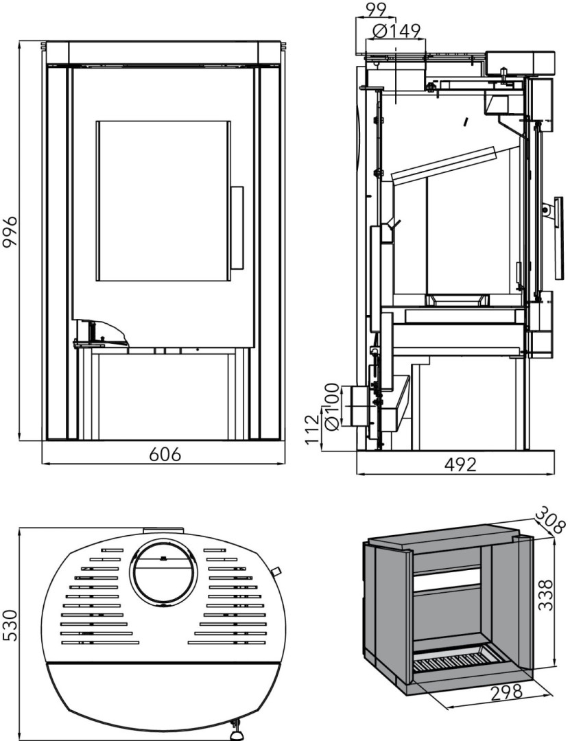 HAAS+SOHN MADEIRA krbová kamna 3-6,4kW, černá/speckstein 0429617520000 Technický nákres