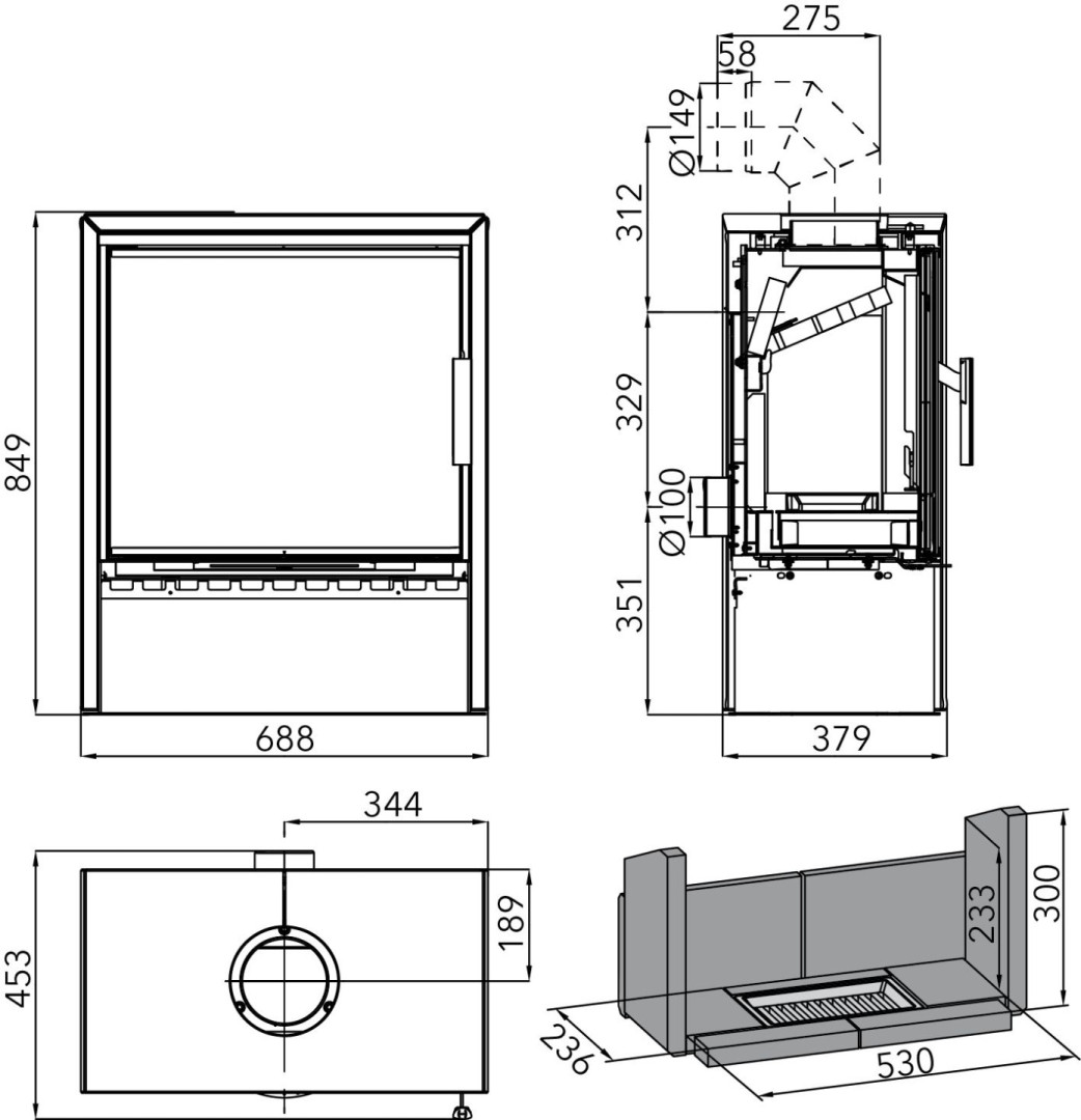 HAAS+SOHN JONSBO krbová kamna 4,1-8,2kW, černá/speckstein 0434716110000 Technický nákres