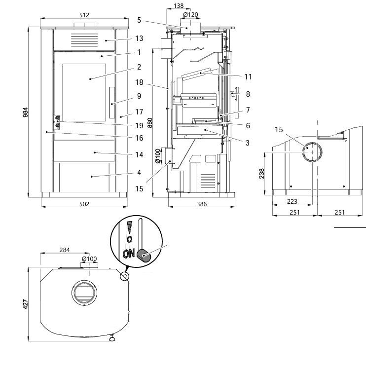 HAAS+SOHN SALERNO II krbová kamna 2,1-4,4kW, skleněné víko, černá 0420414580000 Technický nákres