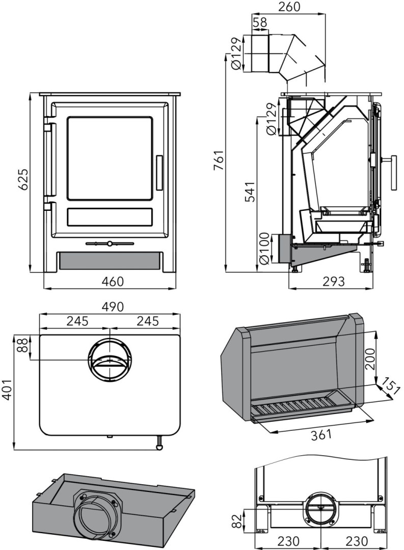 HAAS+SOHN UKA krbová kamna 2,0-6,2kW, černá 0434815100000 Technický nákres