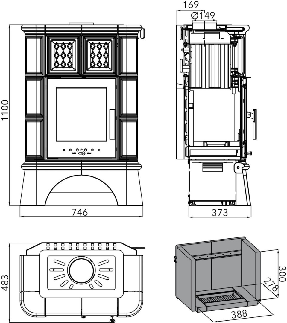 HAAS+SOHN TREVISO II kachlová kamna 2,7-8kW, s výměníkem, černá/zelená 0433930000000 Technický nákres