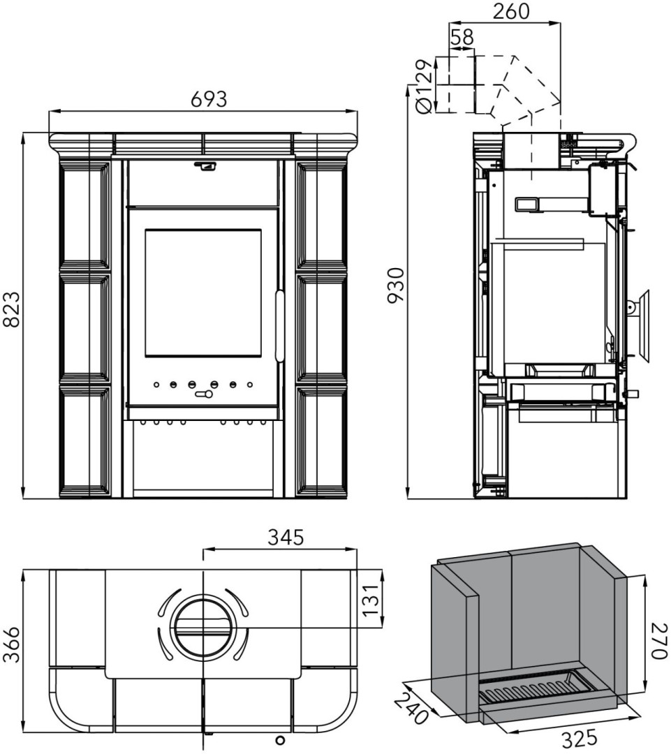 HAAS+SOHN TREVISO MINI kachlová kamna 2-6,3kW, černá/slonová kost 0434320010000 Technický nákres