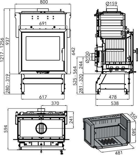 HAAS+SOHN VESUVIO II/10/1S krbová vložka 15,6kW, s výměníkem, černá 0619018150000 Technický nákres
