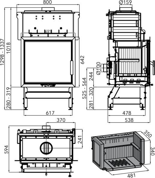 HAAS+SOHN VESUVIO II/15/2S krbová vložka 10-20,1kW, s výměníkem,černá 0619018210000 Technický nákres