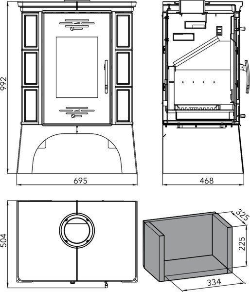 HAAS+SOHN EMPOLI kachlová kamna 2,6-8,4kW, černá/hnědá 0332215600000 Technický nákres