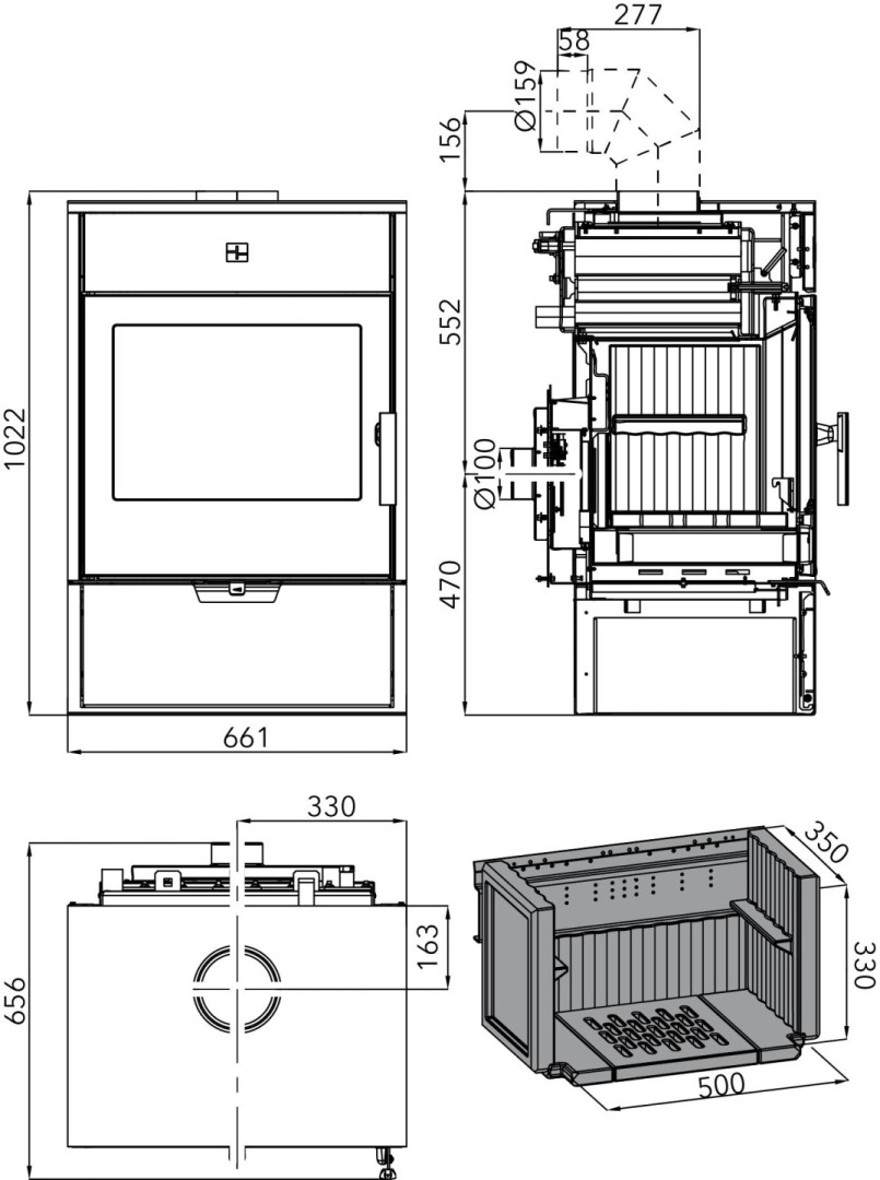 HAAS+SOHN WERFEN 9 krbová kamna 4-12,2kW, s výměníkem, černá 0419018150000 Technický nákres