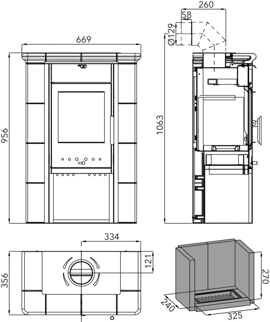 HAAS+SOHN ČIČMANY kachlová kamna 2,0-6,3kW, slonová kost/olivová 0434325000000 Technický nákres