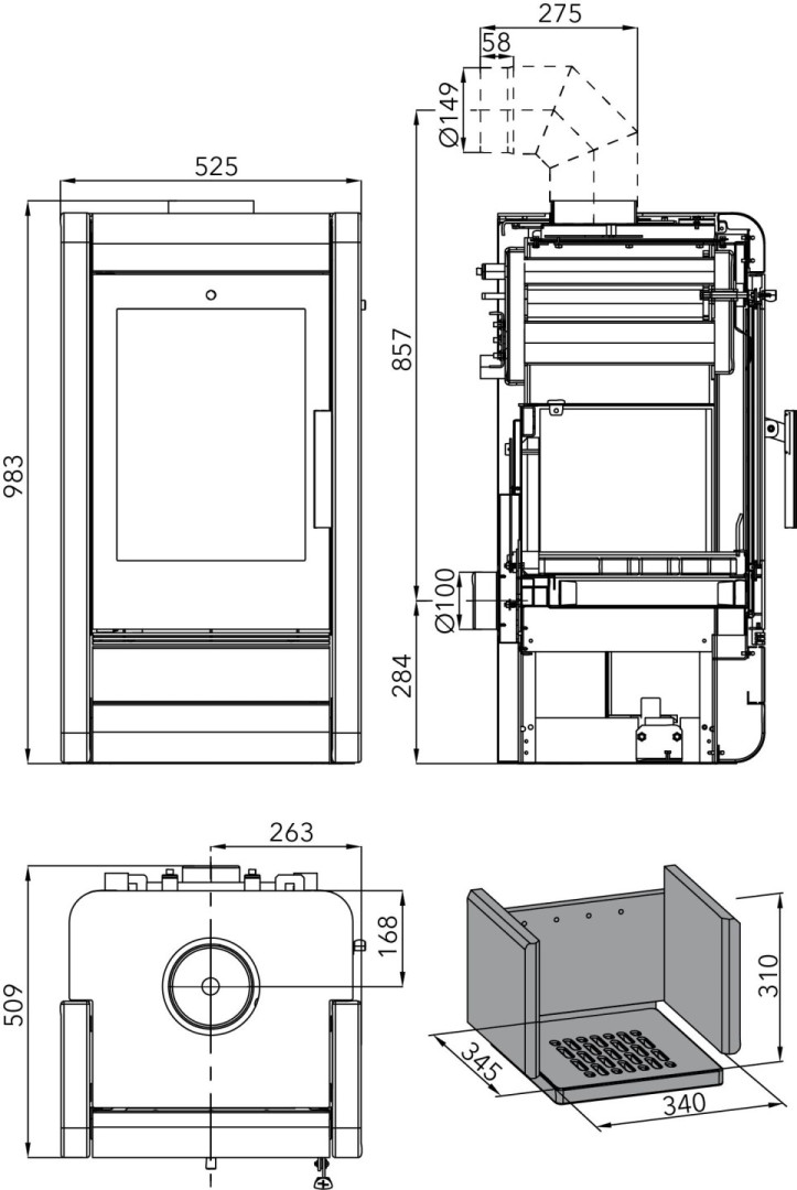 HAAS+SOHN AVESTA II krbová kamna 3,3-10,2kW, s výměníkem, černá/woodstone prestige 0434617600000 Technický nákres