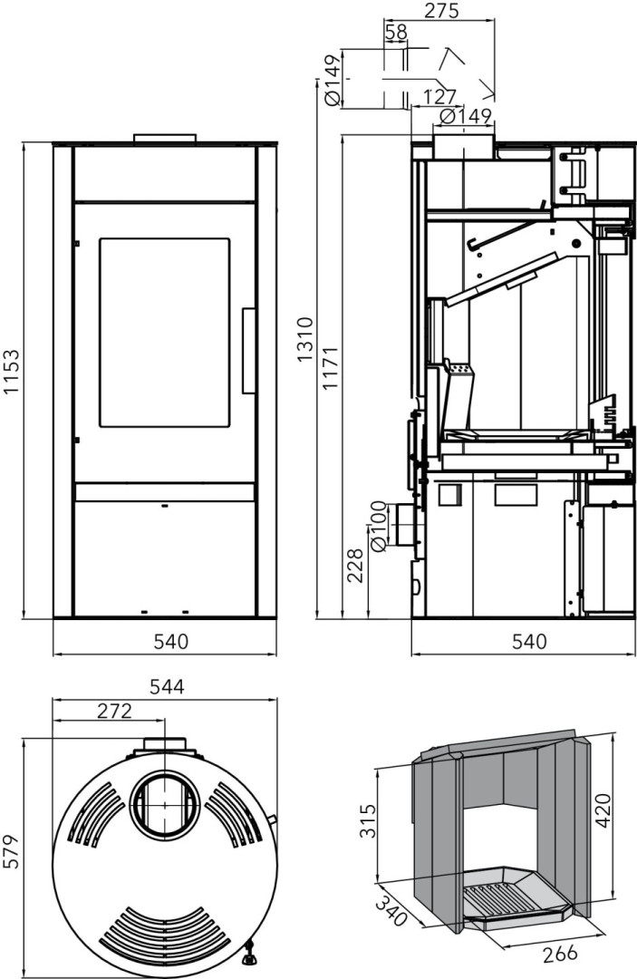 HAAS+SOHN ANTIC krbová kamna 2,9-6,5kW, antracit/černá 0420915610000 Technický nákres
