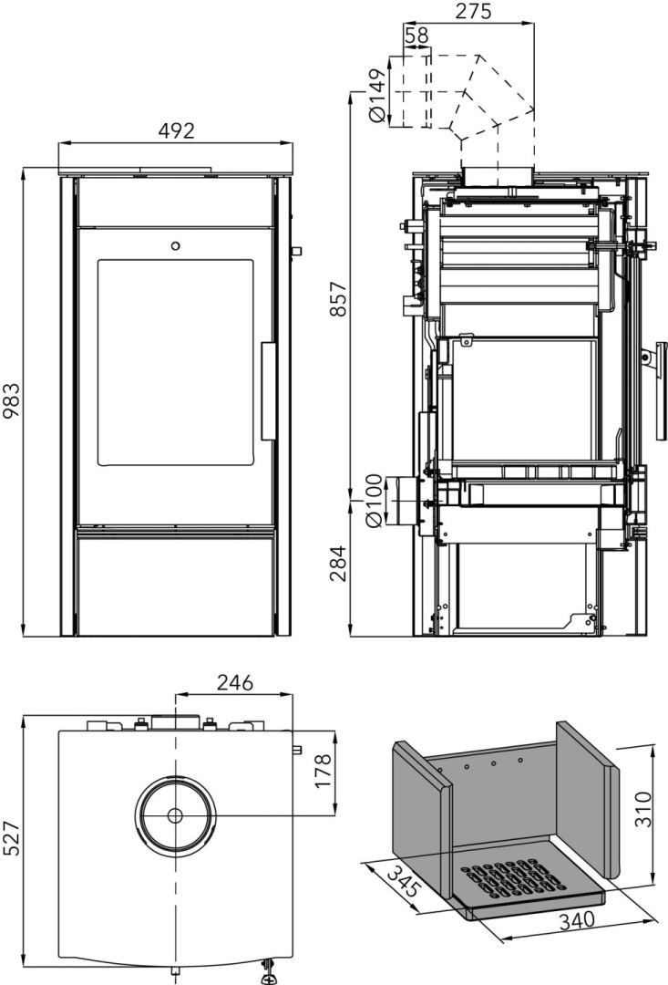 HAAS+SOHN ALMO II krbová kamna 3,3-10,2kW, s výměníkem, černá 0434518020000 Technický nákres