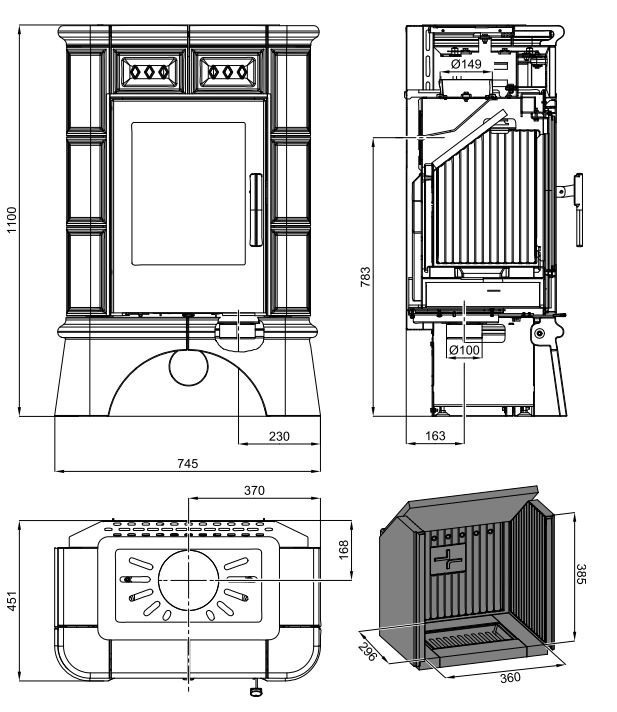 HAAS+SOHN FARO kachlová kamna 3-6,3kW, černá/medovník 0424637000000 Technický nákres