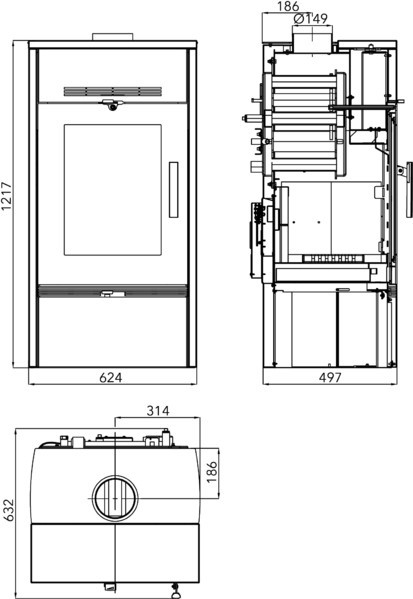 HAAS+SOHN FORESTA krbová kamna 2,7-8,1 kW, černá/dekor dřevo 0470815100000 Technický nákres