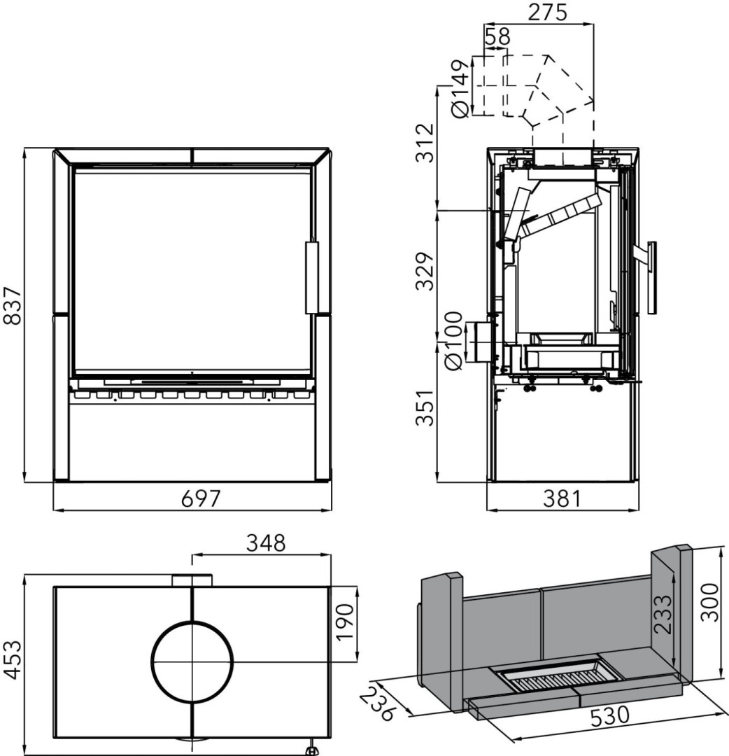 HAAS+SOHN JONSBO kachlová kamna 4,1-8,2kW, černá/slonová kost 0434716000000 Technický nákres