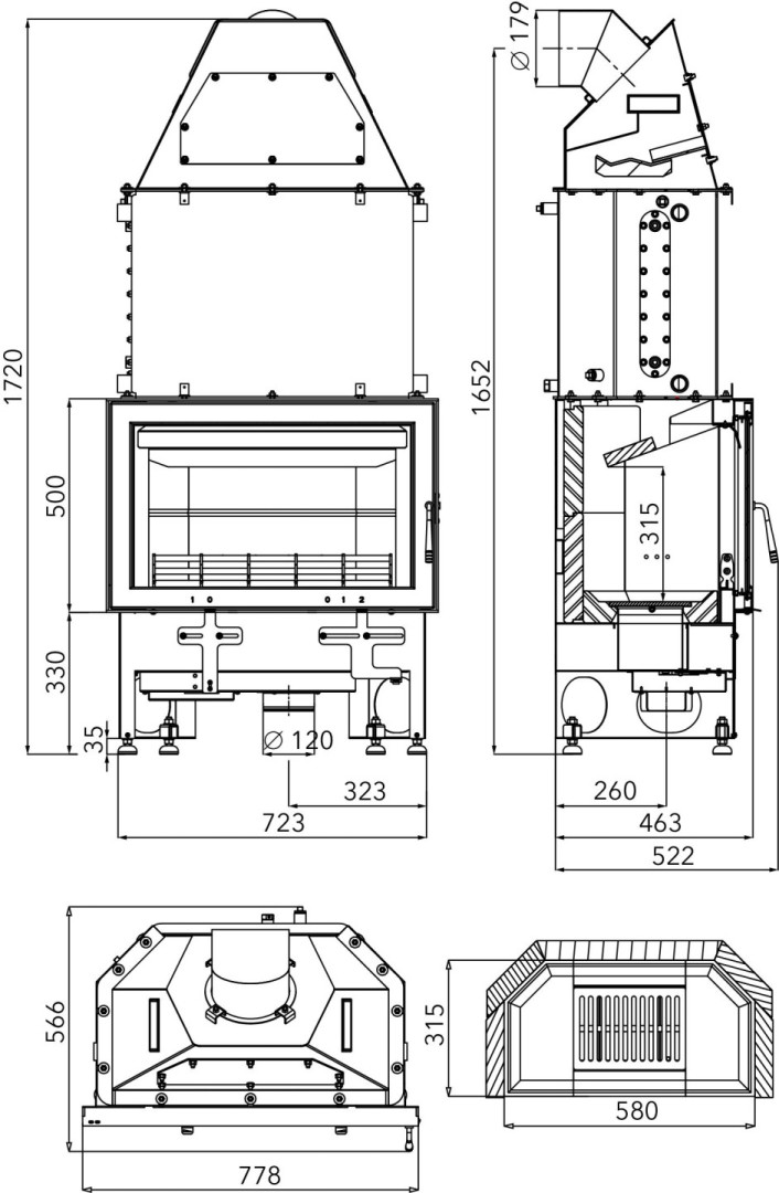 HAAS+SOHN NOVARA 17 krbová vložka 5,1-17,4kW, s výměníkem, antracit 0618018170000 Technický nákres