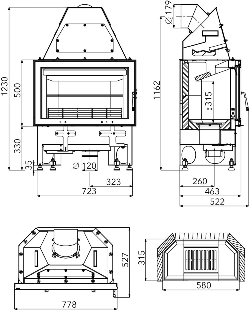 HAAS+SOHN NOVARA krbová vložka 3,0-12,2 kW, antracit 0618018070000 Technický nákres