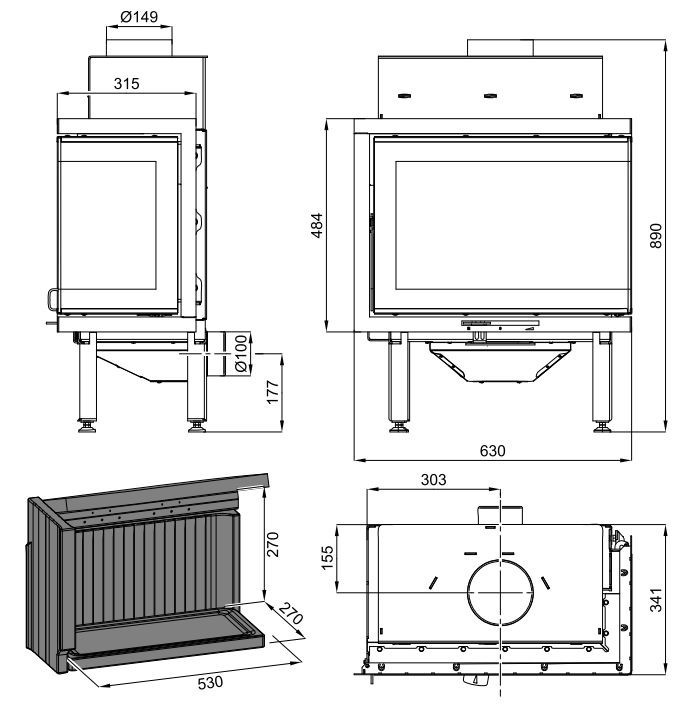 HAAS+SOHN SKARA krbová vložka 3-7kW, rohová, levá, černá 0633015300000 Technický nákres