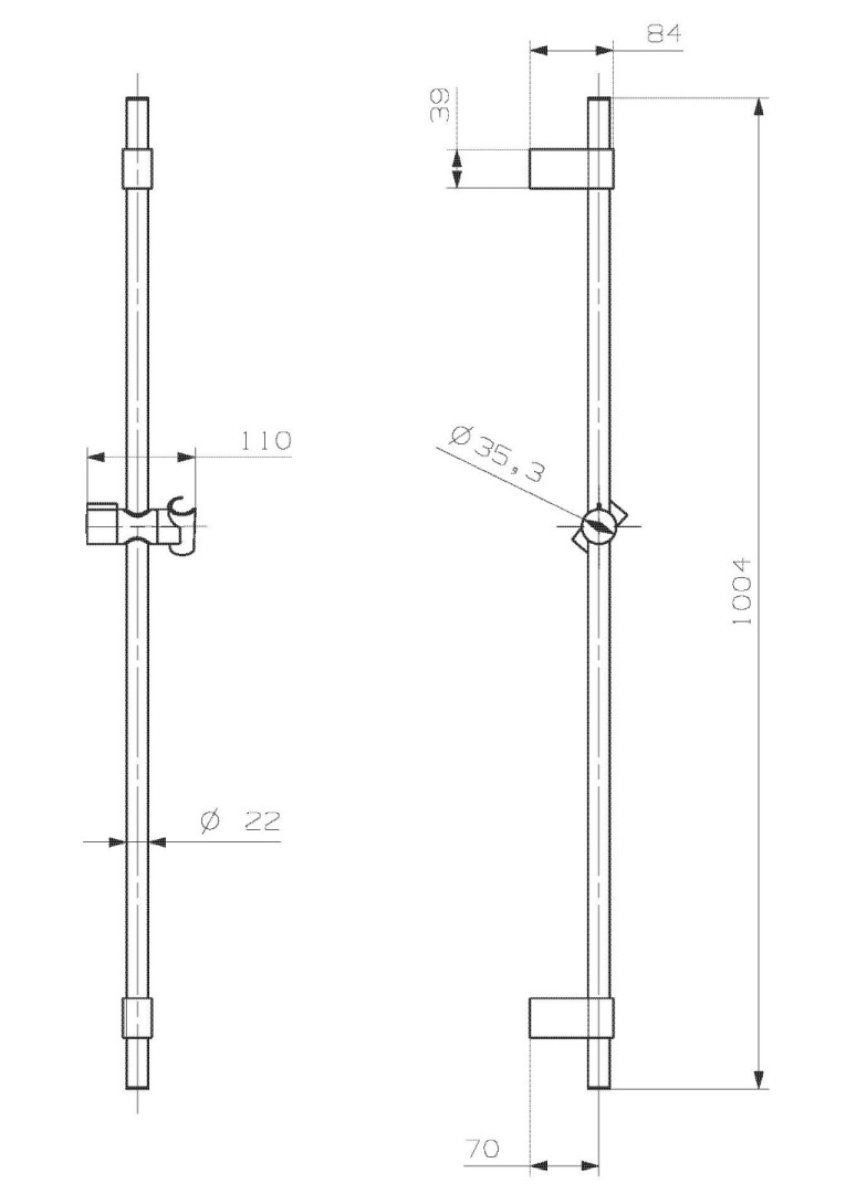 CONCEPT 200 sprchová tyč 1004 mm s držákem ruční sprchy, hadice, chrom PM10064/CO Technický nákres
