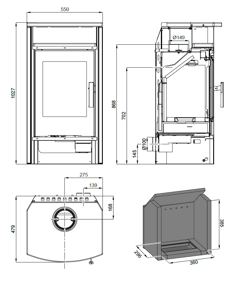 HAAS+SOHN LIVORNO II krbová kamna 3-8 kW, černá/pískovec 0424637800000 Technický nákres