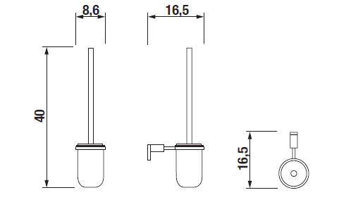 JIKA BASIC WC štětka, nástěnná, sklo, chrom H3843A10040001 Technický nákres