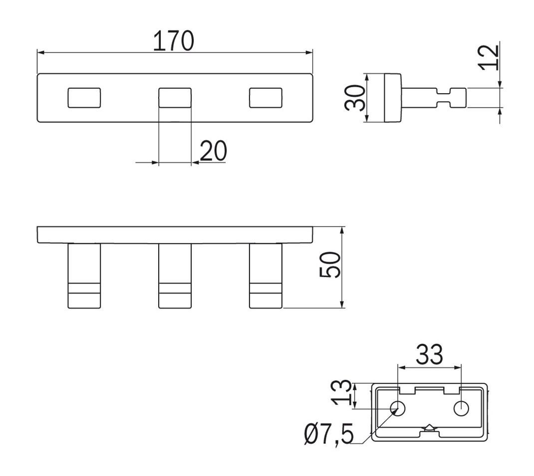 INDA LEA 1800 držák ručníků se třemi háčky 170 mm, chrom A1820CCR Technický nákres