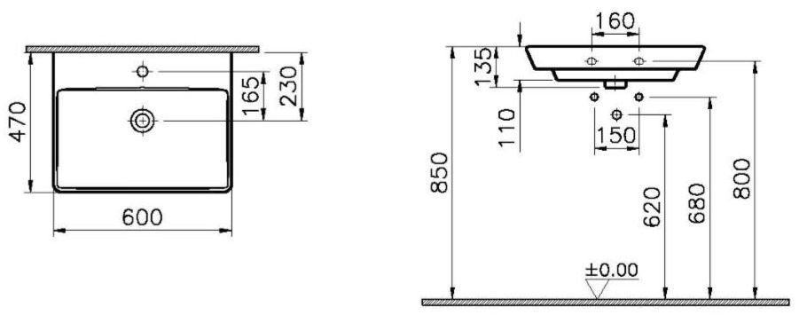VITRA T4 umyvadlo na desku 60 cm, s otvorem pro baterii, bez přepadu 4451B003-0937 Technický nákres