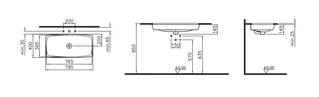 VITRA METROPOLE umyvadlová mísa 76,5 cm, bez přepadu, VitrAhygiene 5669B003-1083 Technický nákres