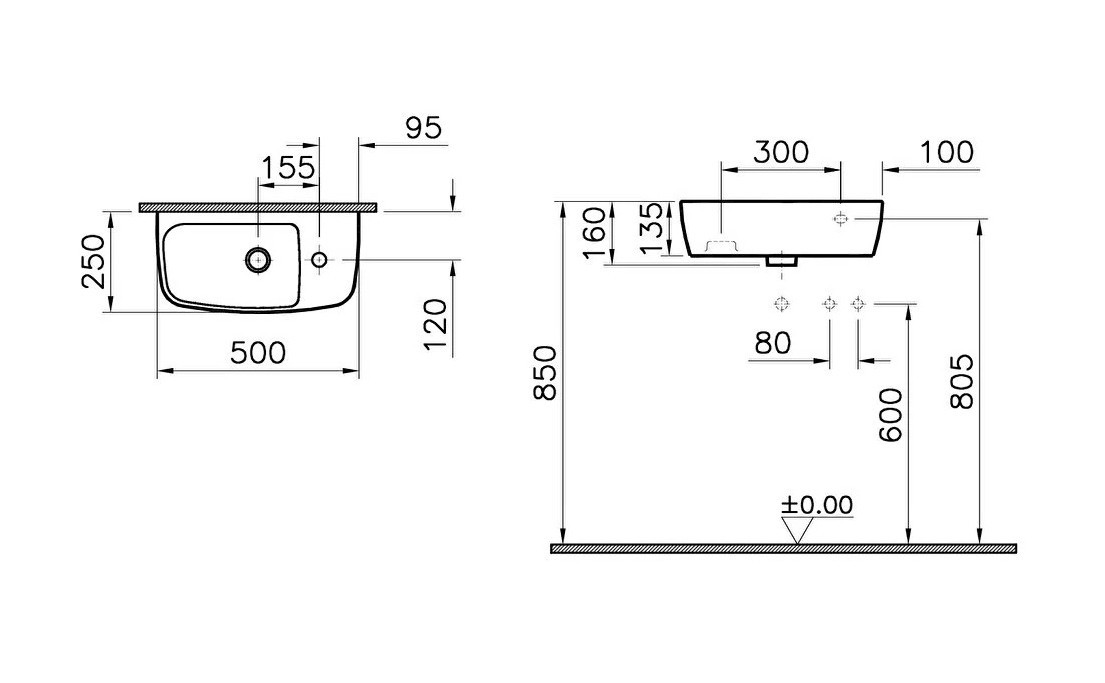 VITRA SHIFT umyvadlo 50 cm, s otvorem a přepadem 7070B003-0029 Technický nákres