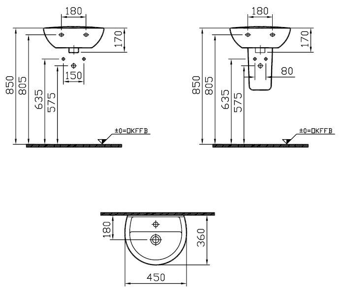 CONCEPT 100 umývátko 45 cm, s otvorem pro baterii a přepadem, alpská bílá 5270L003-1121 Technický nákres