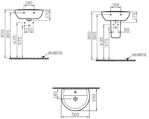 CONCEPT 100 umyvadlo 50 cm, s otvorem pro baterii a přepadem, alpská bílá 5271L003-1121 Technický nákres